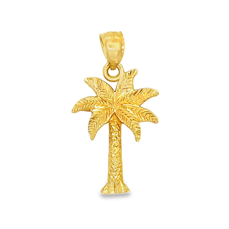 14Kt Yellow Gold Palm Tree Pendant with Diamond Cut accents  Dimensions:&nbsp; 1" drop, 5/8" wide