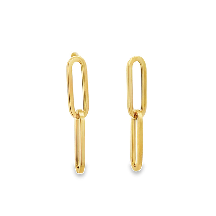 14Kt yellow gold post dangle style earrings with double polished Paperclip style links.  Dimensions: 1-1/8" overall length, 1/4" wide