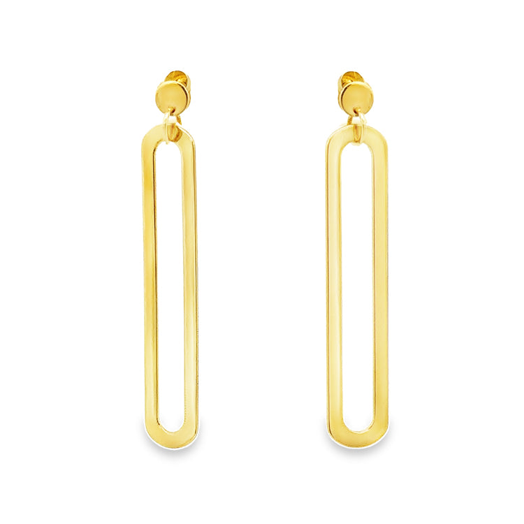 14Kt yellow gold dangle style earrings with a single polished Paperclip style link hanging from a 3mm flat gold button post.