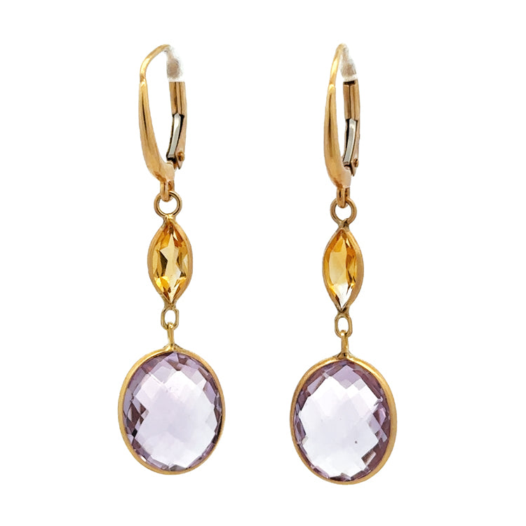 Amethyst and Citrine Earrings, 14Kt