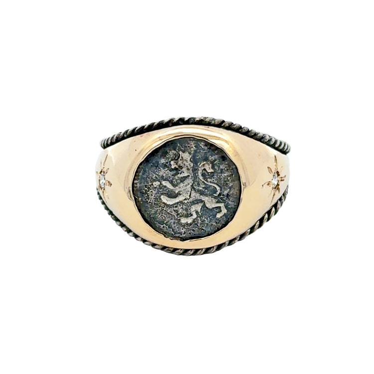 Spanish quarter reale coin in 14Kt and sterling silver ring with diamond accents