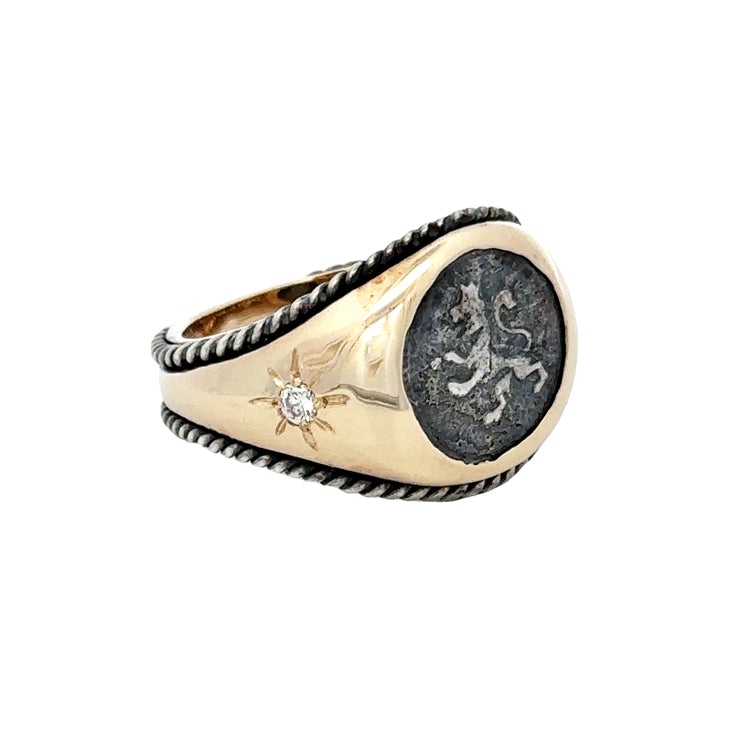 Spanish quarter reale coin in 14Kt and sterling silver ring with diamond accents