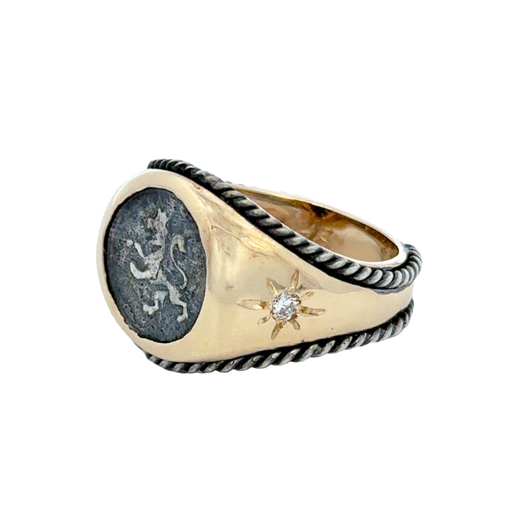 Spanish quarter reale coin in 14Kt and sterling silver ring with diamond accents