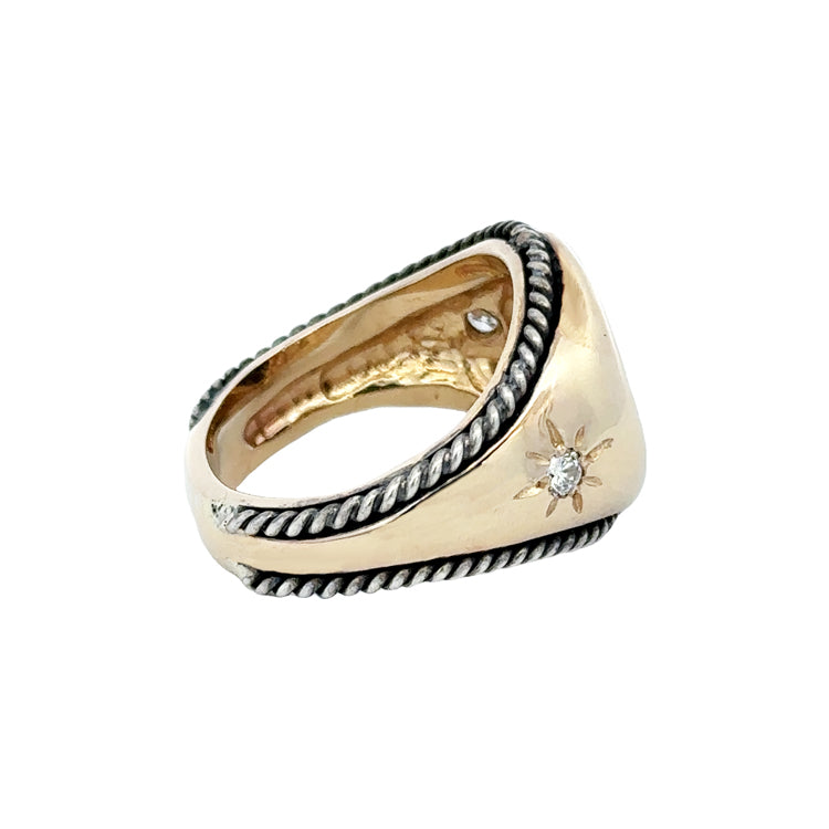 Spanish quarter reale coin in 14Kt and sterling silver ring with diamond accents