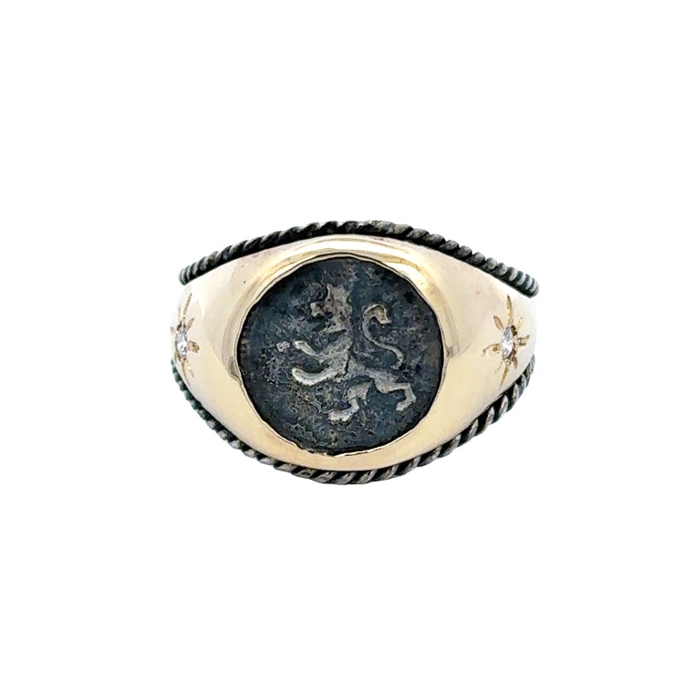 Spanish quarter reale coin in 14Kt and sterling silver ring with diamond accents