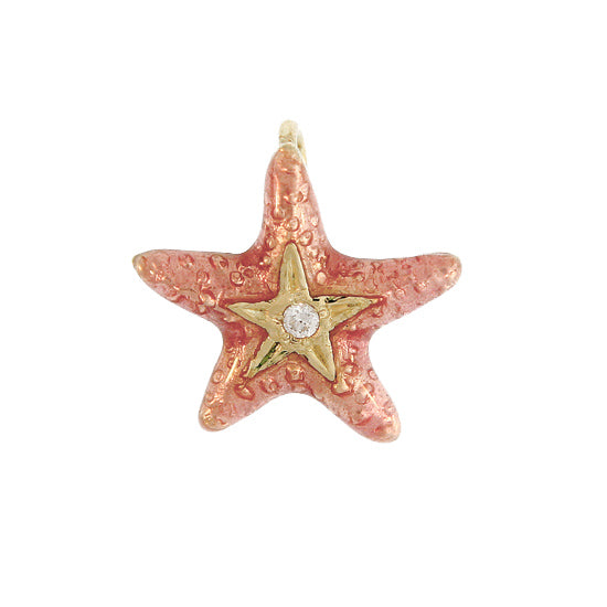 18Kt Yellow Gold Small Pink Glass Enamel Starfish Pendant with .03CT Diamond