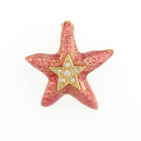 18Kt Yellow Gold Medium Pink Glass Enamel Starfish Pendant with .08TW Diamonds, Enhancer Bail