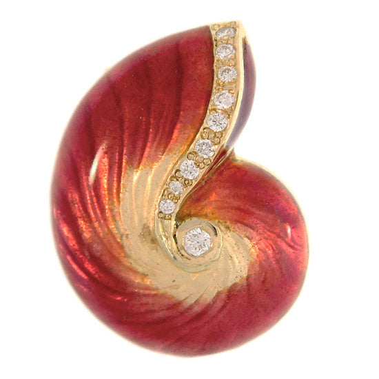18Kt Yellow Gold Large Red Glass Enamel Nautilus Shell Pendant with .22TW Diamonds, Enhancer Bail