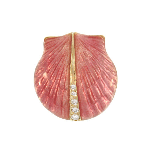 18Kt Yellow Gold Medium Pink Glass Enamel Scallop Shell Pendant with .09TW Diamonds, Enhancer Bail
