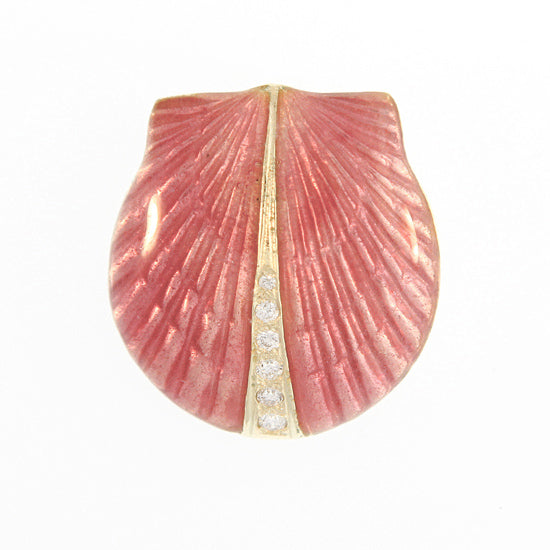 18Kt Yellow Gold Large Pink Glass Enamel Scallop Shell Pendant with .15TW Diamonds, Enhancer Bail