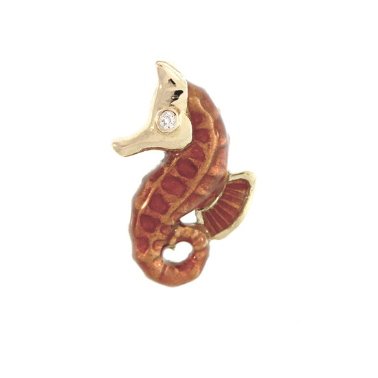 18Kt Yellow Gold Small Brown Glass Enamel Seahorse Pendant with .02CT Diamo