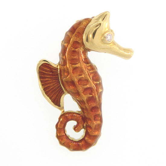 18Kt Yellow Gold and Brown Glass Enamel Seahorse Pendant with .03CT Diamond Eye and Enhancer Bail