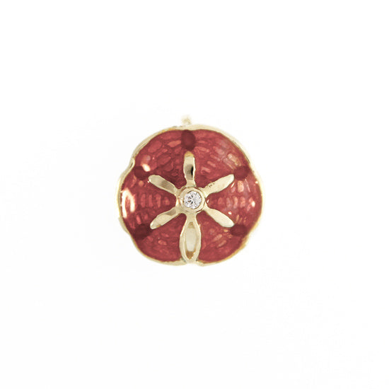 18Kt Yellow Gold and Red Glass Enamel Small Sand Dollar Pendant with .02CT Dia