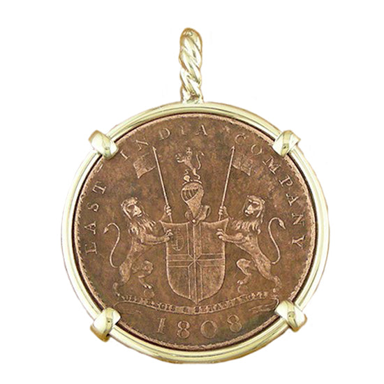 Obverse side Copper coin from the shiprweck HMS Admiral Gardner in 14Kt yellow gold pendant frame