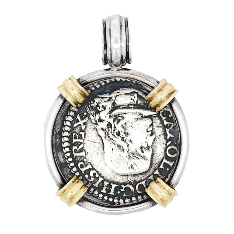 Spanish Croat Coin Pendant, Sterling &amp; 18Kt Frame