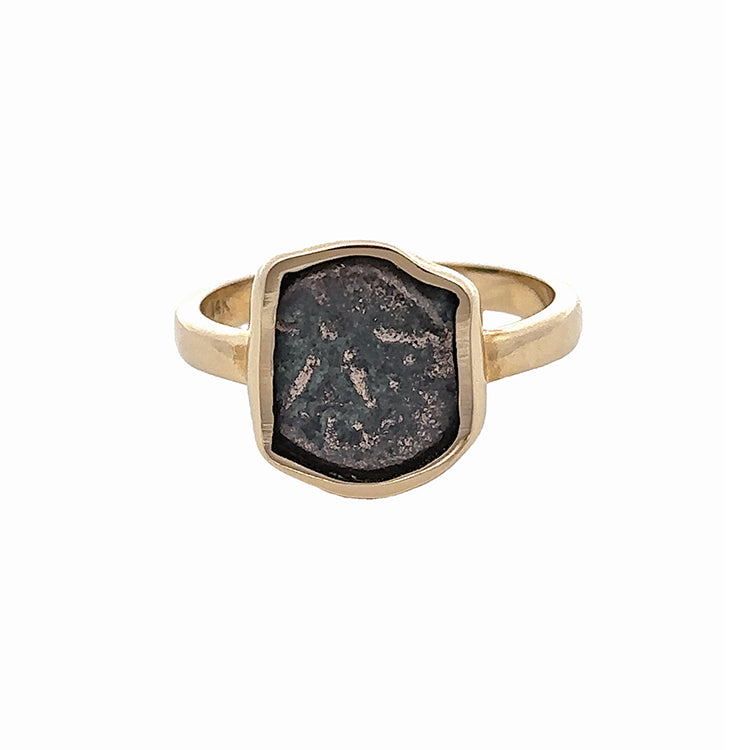 Ancient Judean Bronze Widow&#39;s Mite Coin Ring Circa 103 - 76 B.C. Obverse: Upside down anchor within circle BASILEWS ALE$NDPOY (means of King Alexander) around. Reverse: Star of eight pellets surrounded by diadem. Denomination: Prutah; Ruler: Alexander Jannaeus; Mint: Judaea; Country: Palestine. Artfully set in a 14Kt Yellow Gold bezel on a slender 2.5mm wide shank. Stock size 7 can be sized.