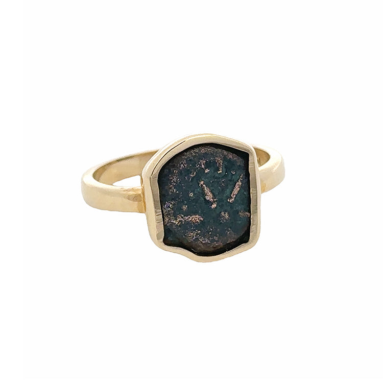 Ancient Judean Bronze Widow&#39;s Mite Coin Ring Circa 103 - 76 B.C. Obverse: Upside down anchor within circle BASILEWS ALE$NDPOY (means of King Alexander) around. Reverse: Star of eight pellets surrounded by diadem. Denomination: Prutah; Ruler: Alexander Jannaeus; Mint: Judaea; Country: Palestine. Artfully set in a 14Kt Yellow Gold bezel on a slender 2.5mm wide shank. Stock size 7 can be sized.