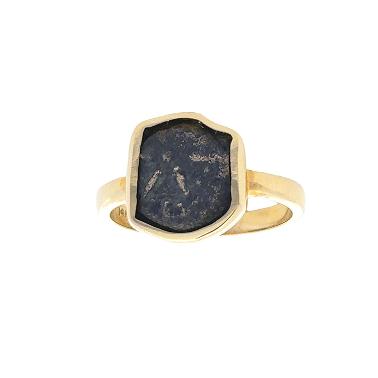 Ancient Judean Bronze Widow&#39;s Mite Coin Ring Circa 103 - 76 B.C. Obverse: Upside down anchor within circle BASILEWS ALE$NDPOY (means of King Alexander) around. Reverse: Star of eight pellets surrounded by diadem. Denomination: Prutah; Ruler: Alexander Jannaeus; Mint: Judaea; Country: Palestine. Artfully set in a 14Kt Yellow Gold bezel on a slender 2.5mm wide shank. Stock size 7 can be sized.