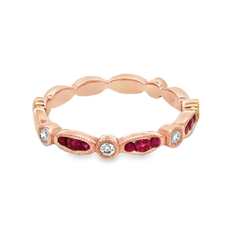 14Kt pink gold, stackable band style ring with alternating navette and round sections that are accented with milgrain detail. The three center navette shapes are set with .16tw Round Rubies alternating with four round sections set with .10tw Round Diamonds. Stock size 6.5 can be sized to order.