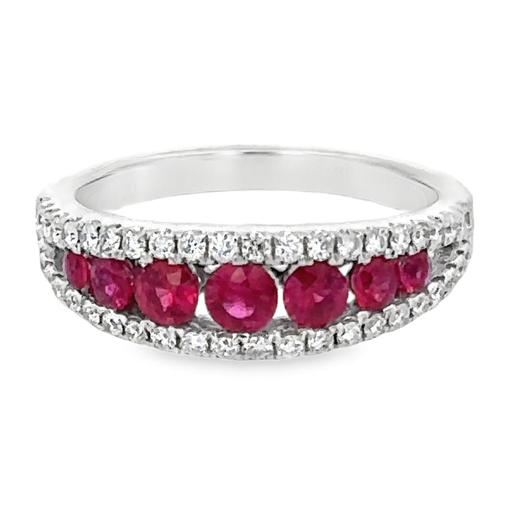 18Kt White Gold Ring with .78TW Rubies and .41TW Diamonds. Stock size 6.5 can be sized.  Dimensions; 6.12mm to 2.25mm tapered shank top of ring sits 3.6mm high on top of finger.