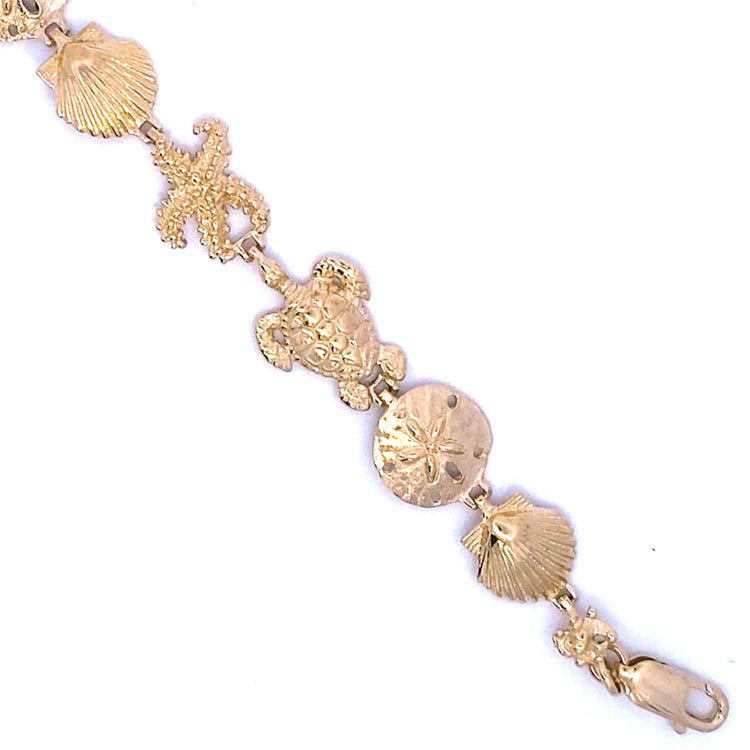 14Kt Yellow Gold Sea life Bracelet Featuring Sand dollars, Scallops, Starfish and Turtles