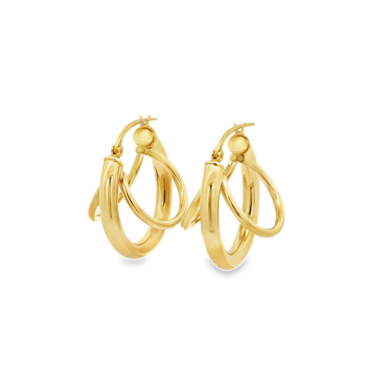 14Kt Yellow Gold Split Triple Hoop Earrings with snap lock posts.