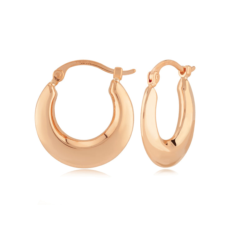 14kt Rose Gold 15mm Tapered Knife Edge Hoop Earrings with Snap Posts.