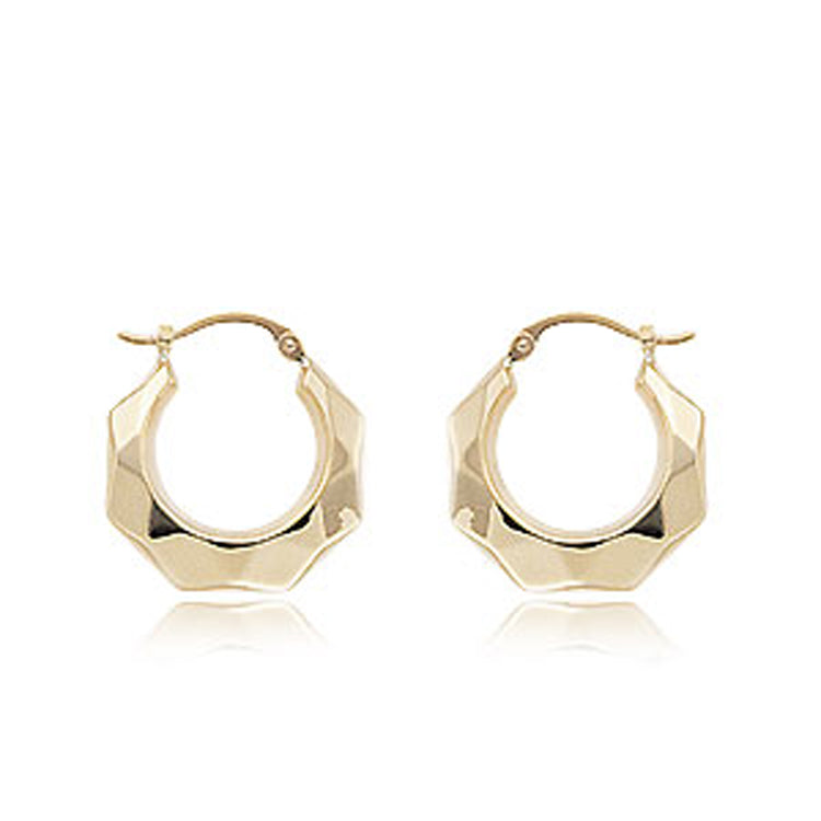 14Kt Yellow Gold Diamond Cut Pattern Hoop Earrings with Snap Down posts.  Dimensions; 3/4" x 5/8"
