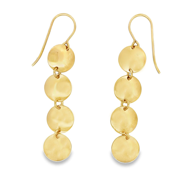 14Kt yellow gold dangle style earrings with four polished and domed discs hanging from French wires.&nbsp;&nbsp;  Dimensions: 1-7/8" overall length, 3/8" wide