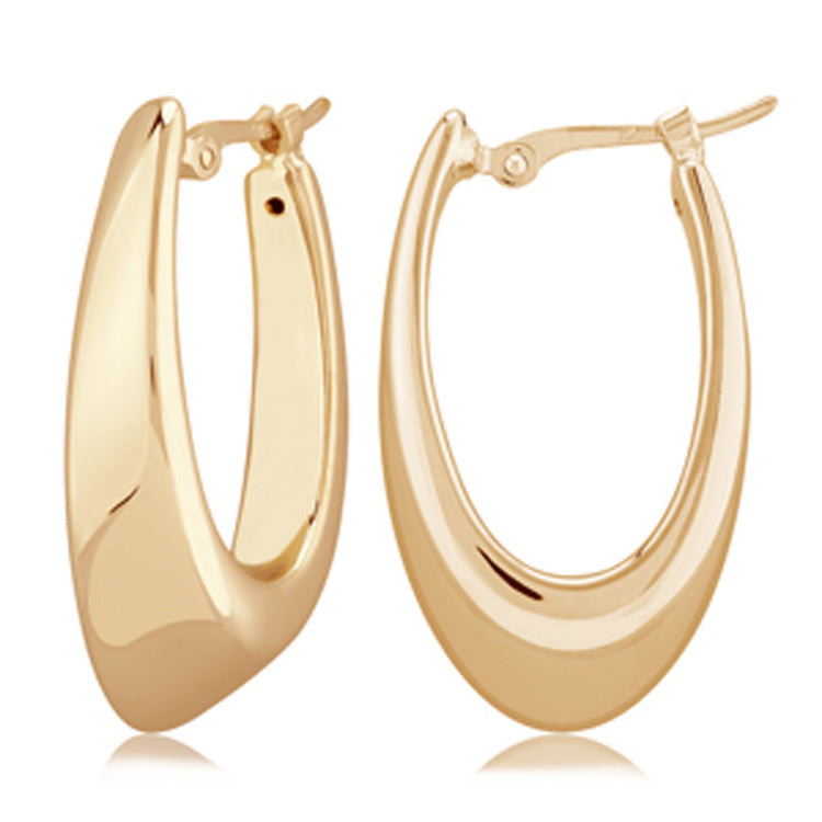 14kt Yellow Gold Tapered 1&quot; x 1/2&quot; Oval &quot;Visor&quot; Hoop Earrings with Snap Down Posts.