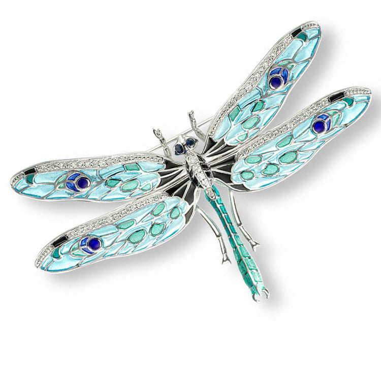 Plique-a-Jour Vitreous Enamel on Sterling Silver Dragonfly Pin-Pendant. Blue. Set with Blue and White Sapphires. Rhodium Plated for Easy Care. By Nicole Barr Jewelry.