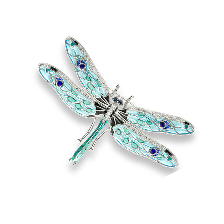 Plique-a-Jour Vitreous Enamel on Sterling Silver Dragonfly Pin-Pendant - Blue. Set with Blue and Sapphires. Rhodium Plated for Easy Care. By Nicole Barr Jewelry