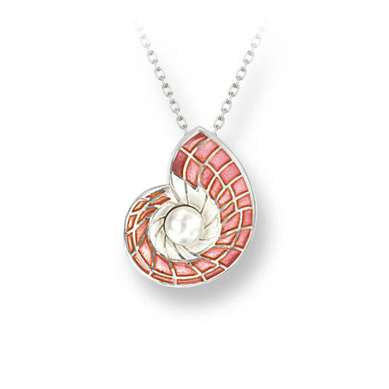 Pink Nautilus Necklace, Sterling and Enamel