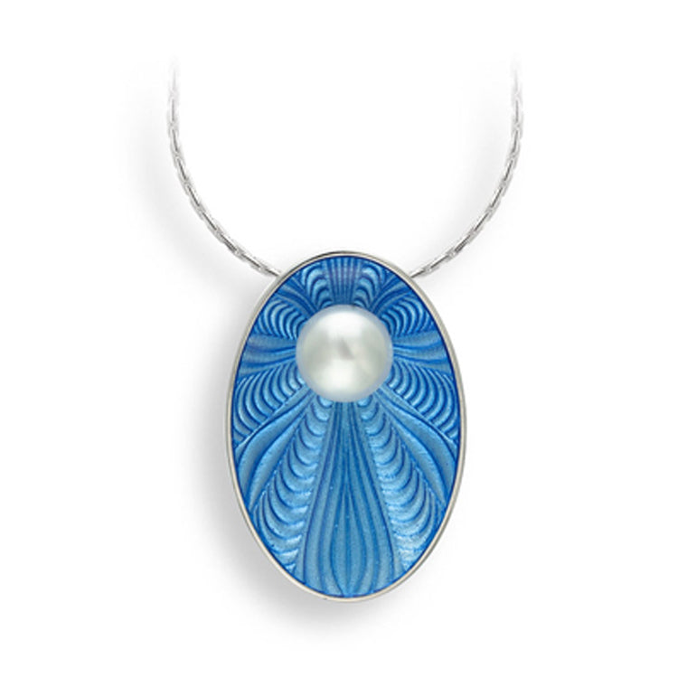 Vitreous Enamel on Sterling Silver Sea Blue Oval Shaped Necklace Set with a Pearl. Adjustable 18 inch chain. By Nicole Barr.