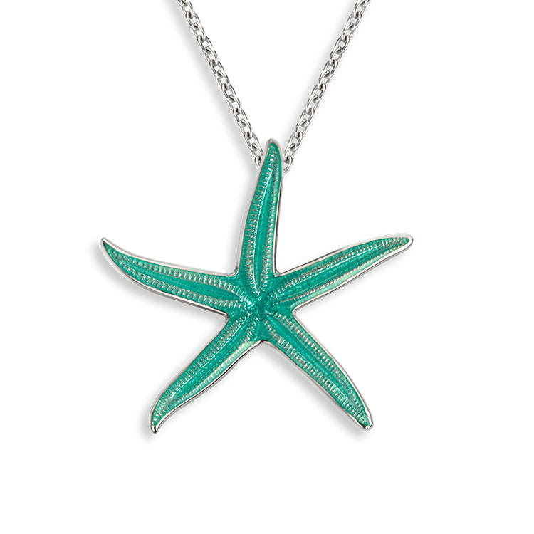 Turquoise Vitreous Enamel on a Sterling Silver Sea Star Pendant by Nicole Barr Jewelry. 25mm. Adjustable 18 inch Rolo Chain included.