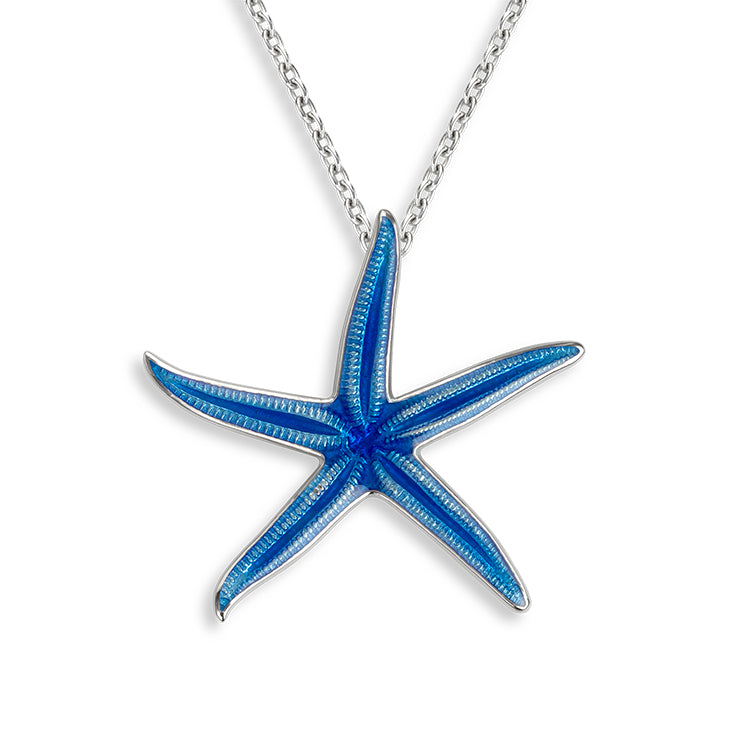 Blue Starfish Necklace in Sterling Silver with Vitreous Enamel by Nicole Barr Jewelry. Rhodium Plated for easy care. 25mm, Adjustable 18 inch Rolo Chain included.