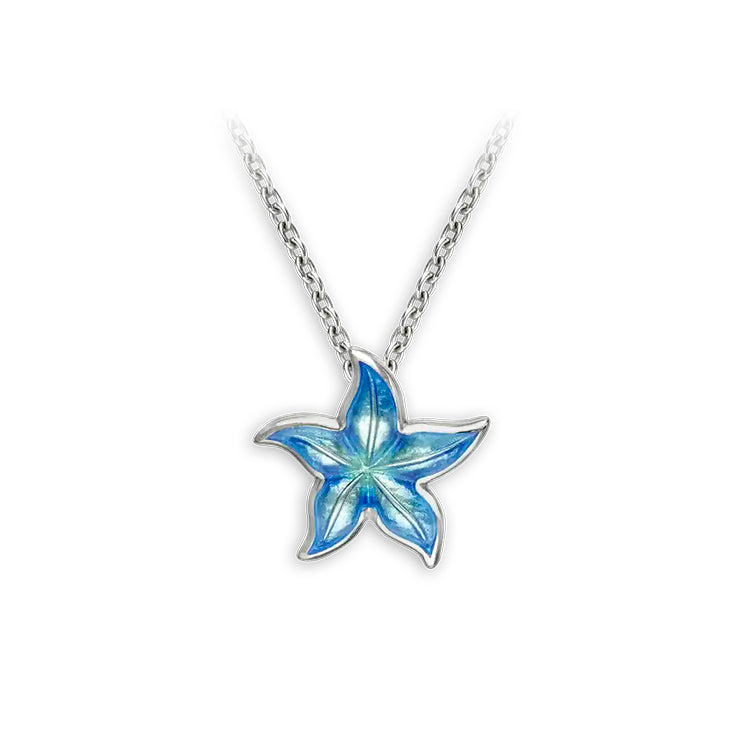 Blue Vitreous Enamel Petite Sterling Silver Starfish on an adjustable 18" rolo chain by Nicole Barr Jewelry. Polished back. Rhodium Plated for easy care. Dimensions: 15 mm.