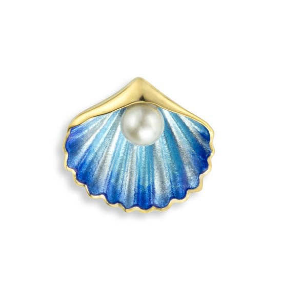18Kt gold scallop shell pendant with shaded blue vitreous enamel, freshwater pearl and a hidden bail.
