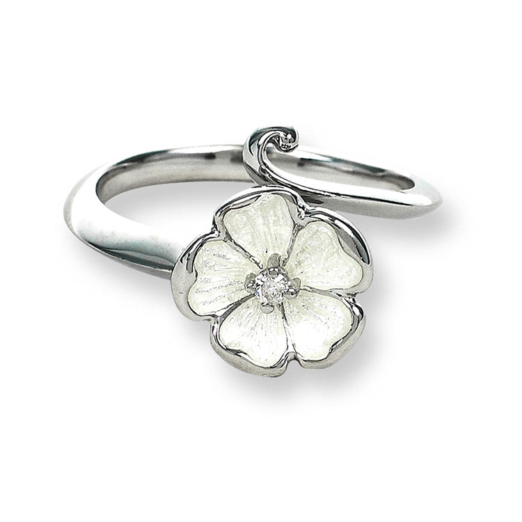 White Rose Flower Ring, Sterling and Enamel