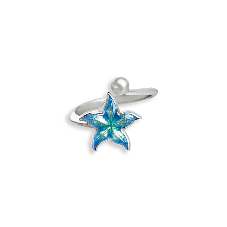 Vitreous Blue Enamel on Sterling Silver Starfish with Pearl Bypass Ring - By Nicole Barr Jewelry. Rhodium Plated for easy care. Dimensions: 13 mm. Adjustable up to size 8.&nbsp;