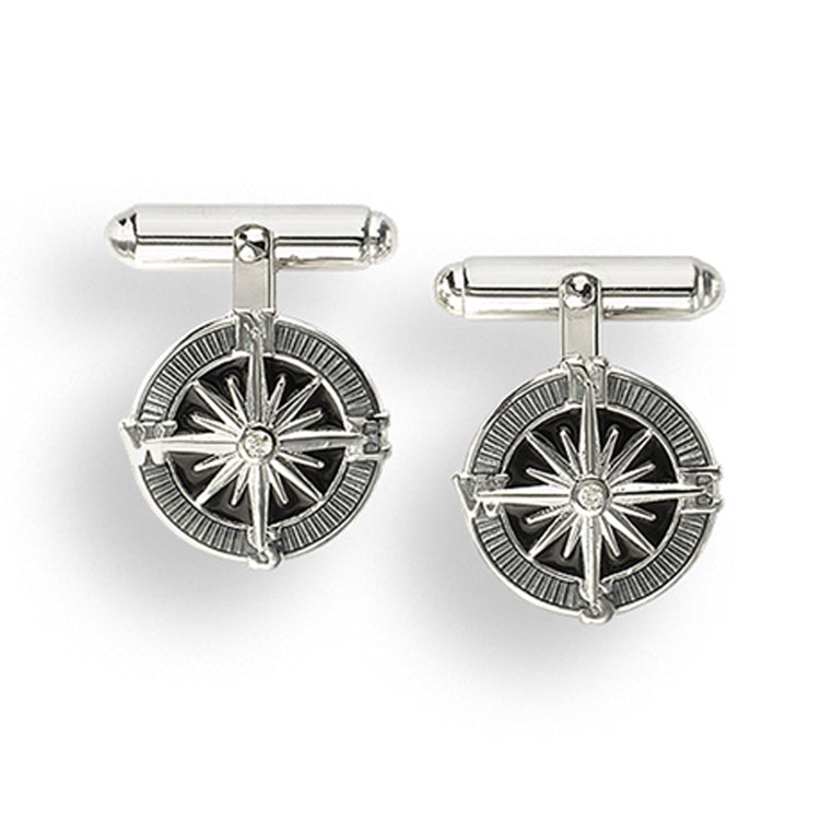 Gray and Black Vitreous Enamel on Sterling Silver Compass Rose Cuff links. Rhodium Plated for easy care.  Dimensions: 17mm