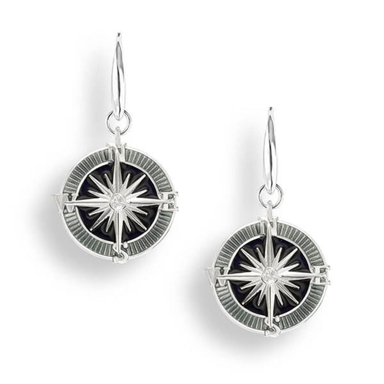 Black and Gray Vitreous Enamel on Sterling Silver Compass Rose Wire Earrings - Set with White Sapphires. Rhodium Plated for easy care.