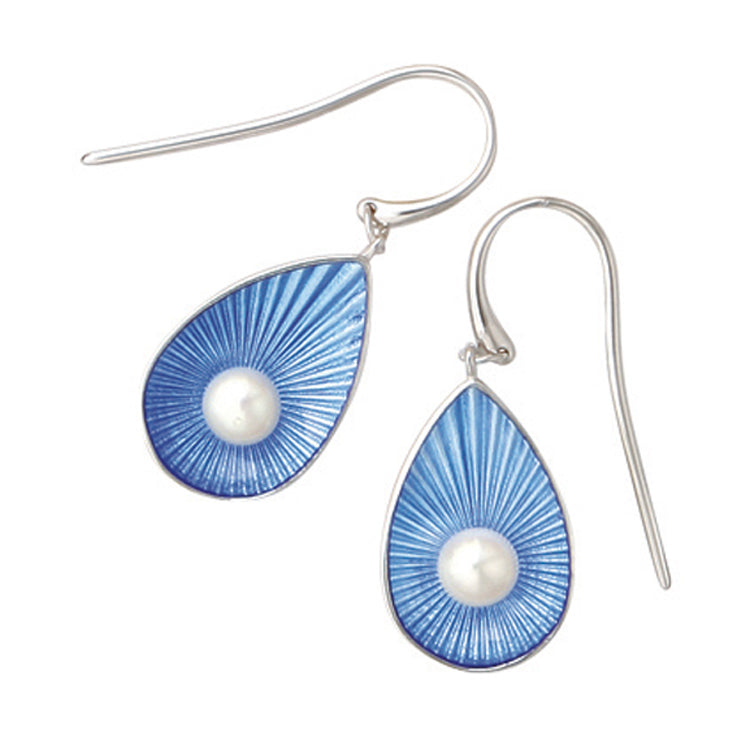 Vitreous Enamel Sterling Silver Blue Teardrop Shaped Earrings Set with Pearls by Nicole Barr. Rhodium Plated for easy care.
