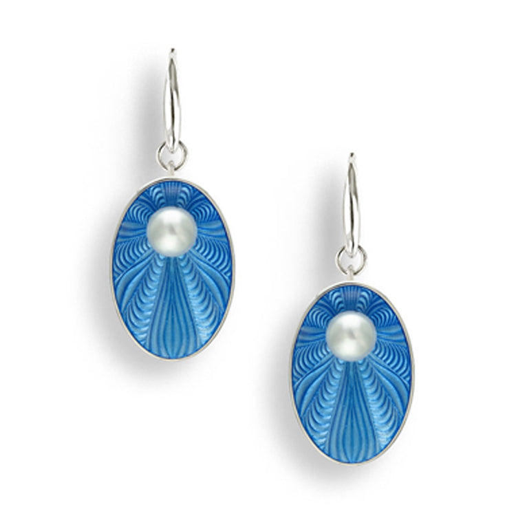 Vitreous Enamel Sterling Silver Sea Blue Oval Shaped Earrings Set with Pearls. By Nicole Barr. Rhodium Plated for easy care.