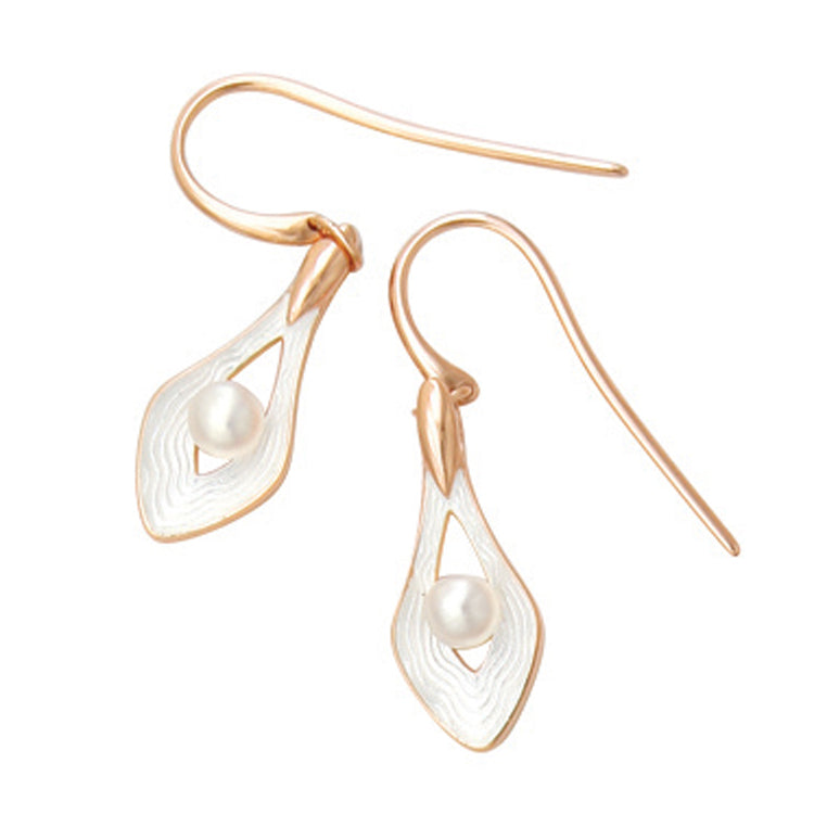 Vitreous Enamel on Rose Gold Plated Sterling Silver Diamond Teardrop Shaped Earrings Set with Pearls- White. By Nicole Barr.