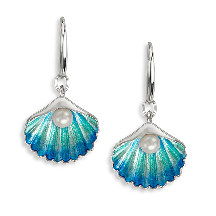 Sterling Silver Scallop Shell wire earrings with blue enamel and freshwater pearls.
