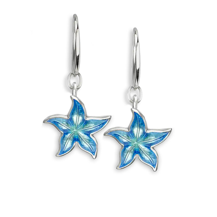 Two sided, Shaded Blue Vitreous Enamel on Sterling Silver Starfish Wire Earrings. By Nicole Barr Jewelry. Rhodium Plated for easy care. Dimensions: 16 mm.