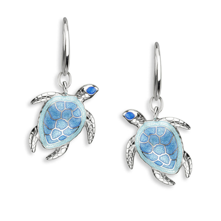 Blue Turtle Wire Earrings in Sterling Silver with Vitreous Enamel by Nicole Barr Jewelry. Rhodium Plated for easy care. Polished finish on back.