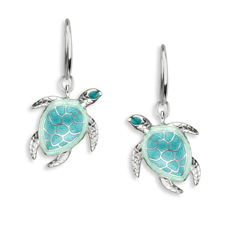 Green Turtle Wire Earrings in Sterling Silver with Vitreous Enamel by Nicole Barr Jewelry. Rhodium Plated for easy care. Polished finish on bac
