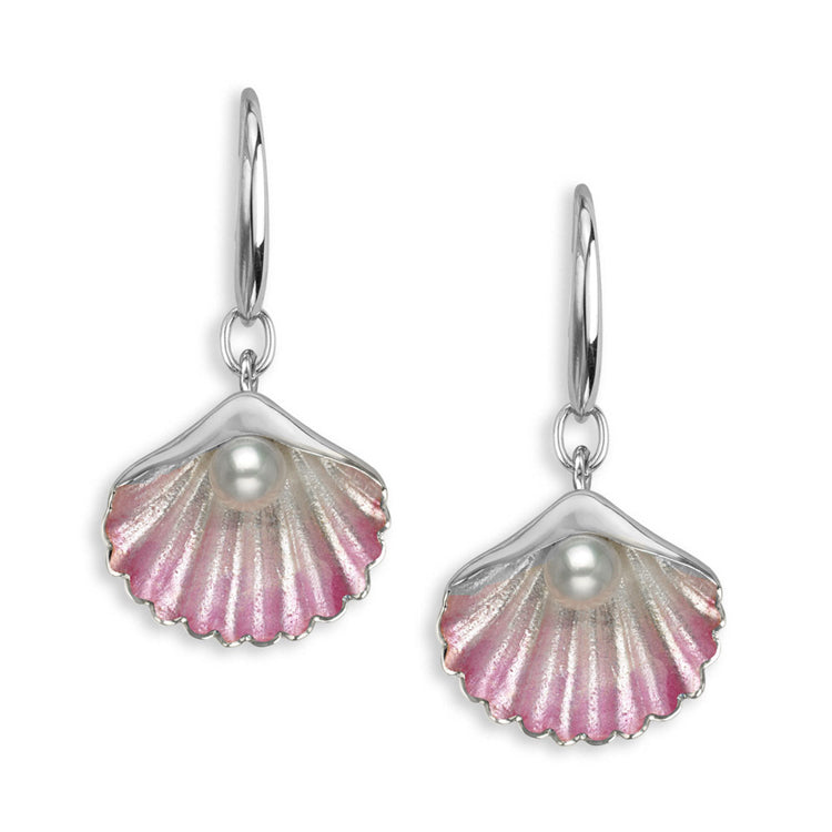 Pink Scallop Shell Wire Earrings in Sterling Silver with Vitreous Enamel - set with Freshwater Pearls by Nicole Barr Jewelry. Rhodium Plated finish for easy care
